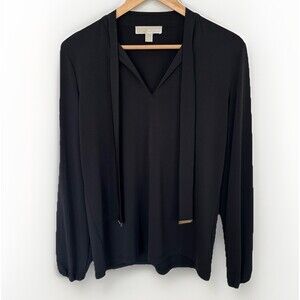 Michael Kors Women’s Black Tie Neck Blouse L Gold Hardware Stretch V Neck